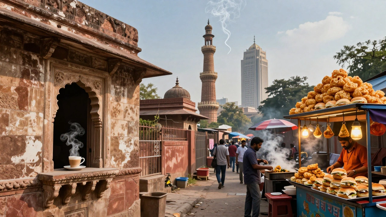 Delhi's quiet haveli and Mumbai's street food stalls connected by rising smoke.