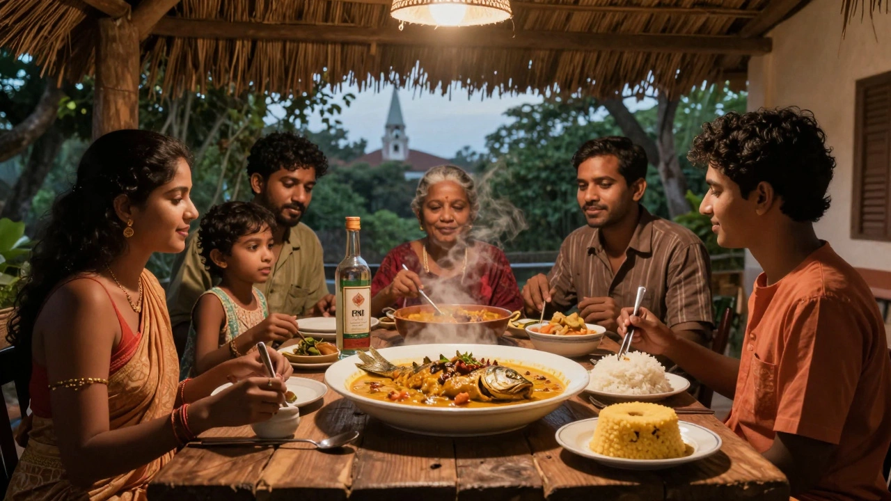 Goan family enjoying fish curry and feni at dinner, with a church visible in the background, blending Indian and Portuguese culture.