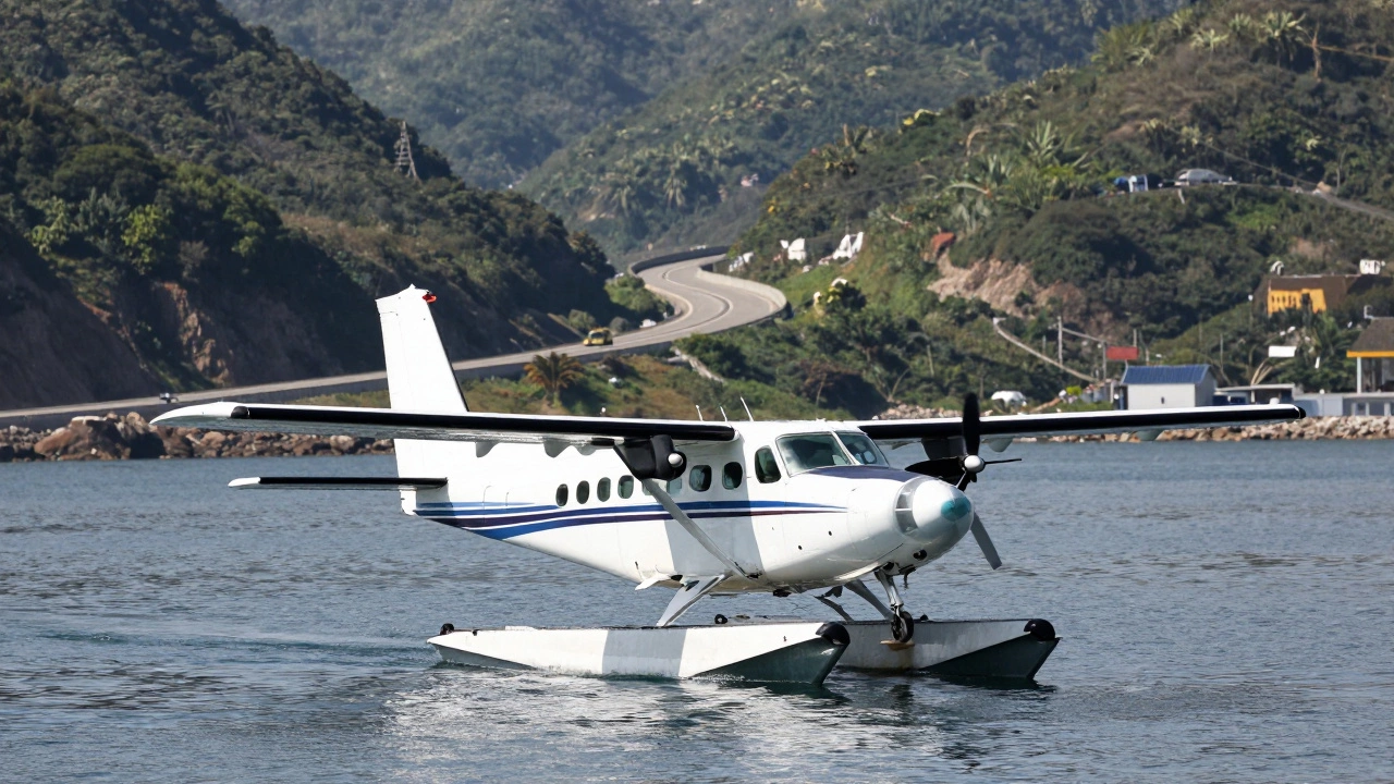 Seaplane on water and rental car on coastal highway