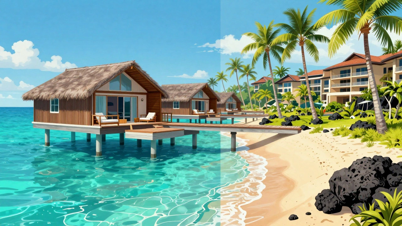 Split view of overwater villa and Hawaiian beach resort