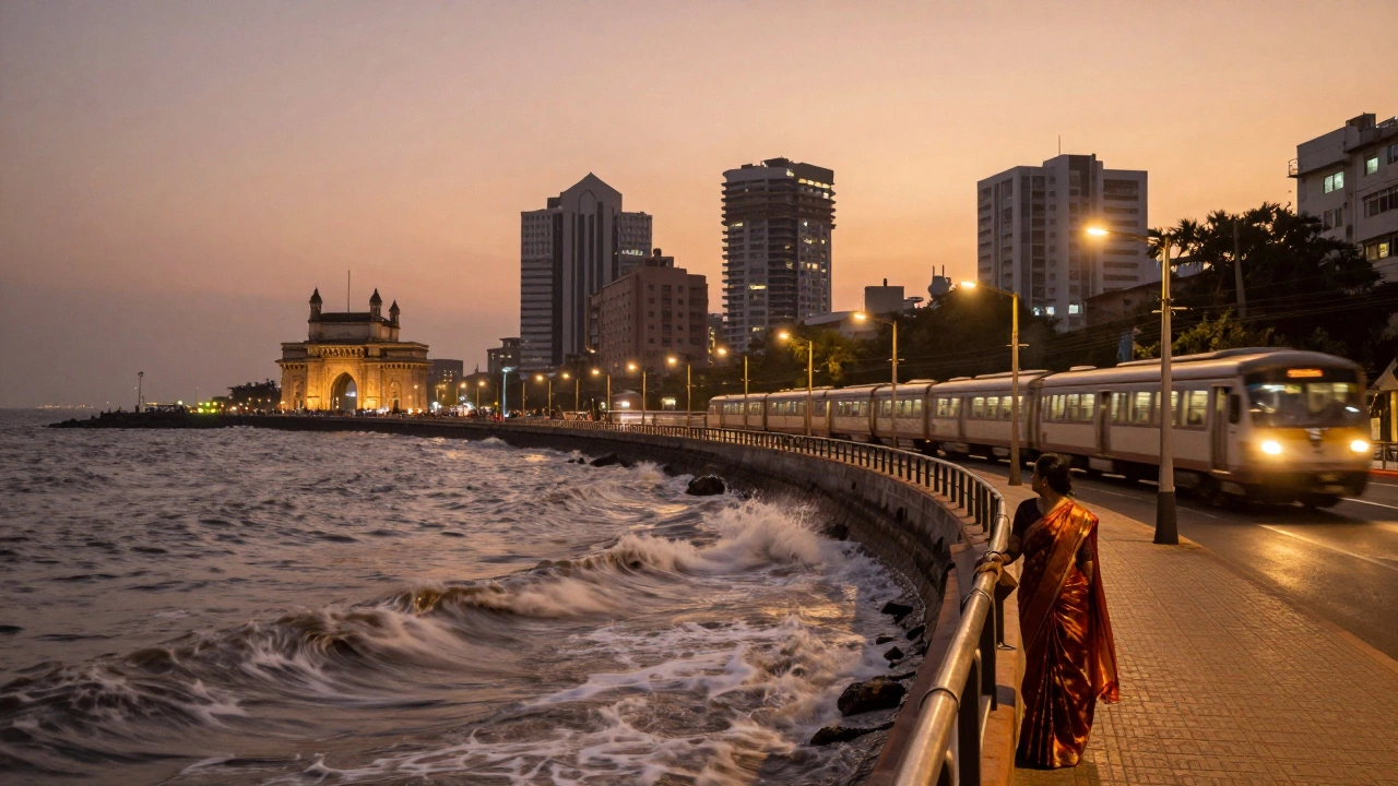 Sunset on Marine Drive in Mumbai with waves crashing and city lights glowing.