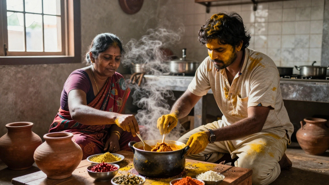 Two women cook together in a kitchen, turmeric dust on their hands, steam rising from a pot.