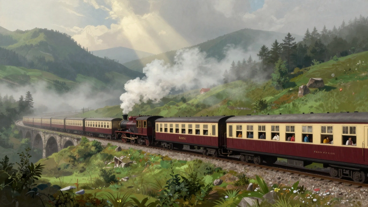 Vintage heritage train traveling through misty mountains