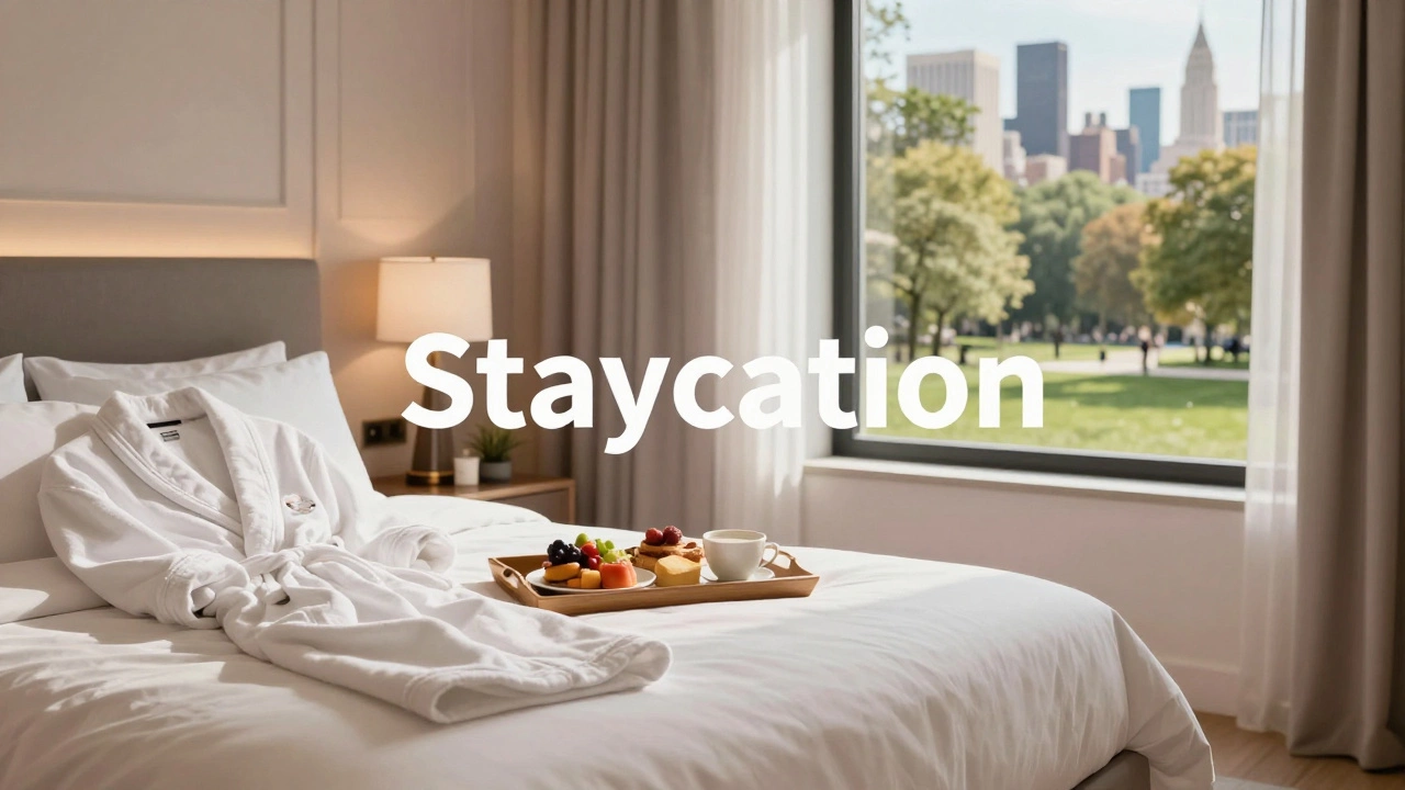 A cozy hotel room and a peaceful park view representing a relaxing staycation.