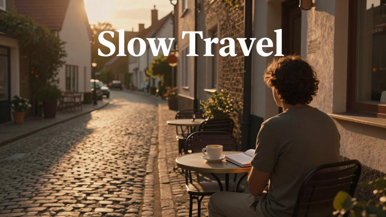 A person relaxing at a quiet village cafe during a slow-paced mini-vacation.