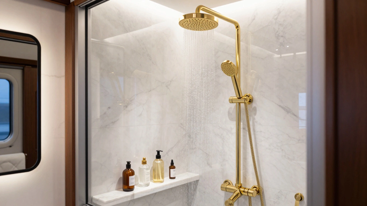 A private ultra-luxury train shower featuring marble walls and gold fixtures.