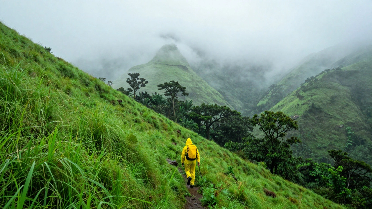 A trekker in a raincoat navigating a misty, neon-green trail in the Western Ghats during monsoon