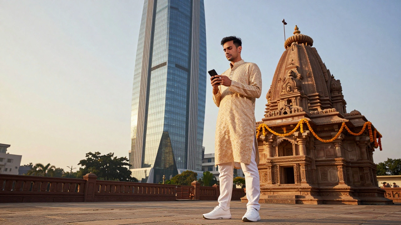 A young man in fusion wear standing between a modern skyscraper and an ancient shrine.