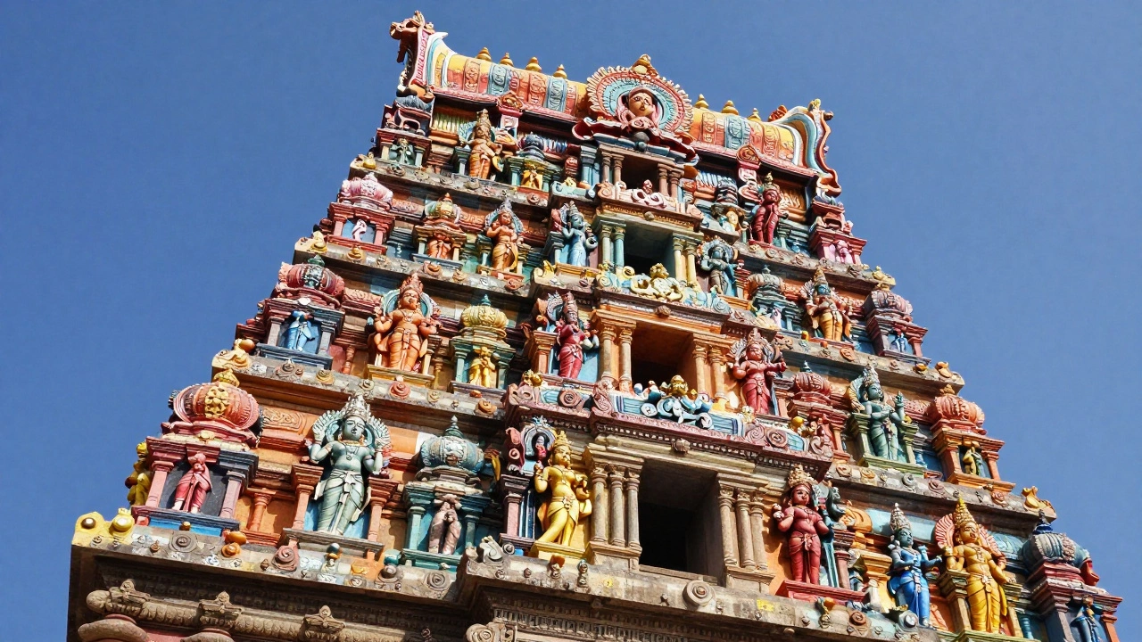 Colorful and intricate Dravidian temple tower against a blue sky