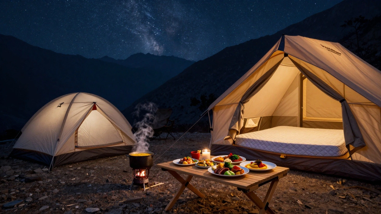 Comparison between a basic camping setup and a luxury glamping experience in the wilderness