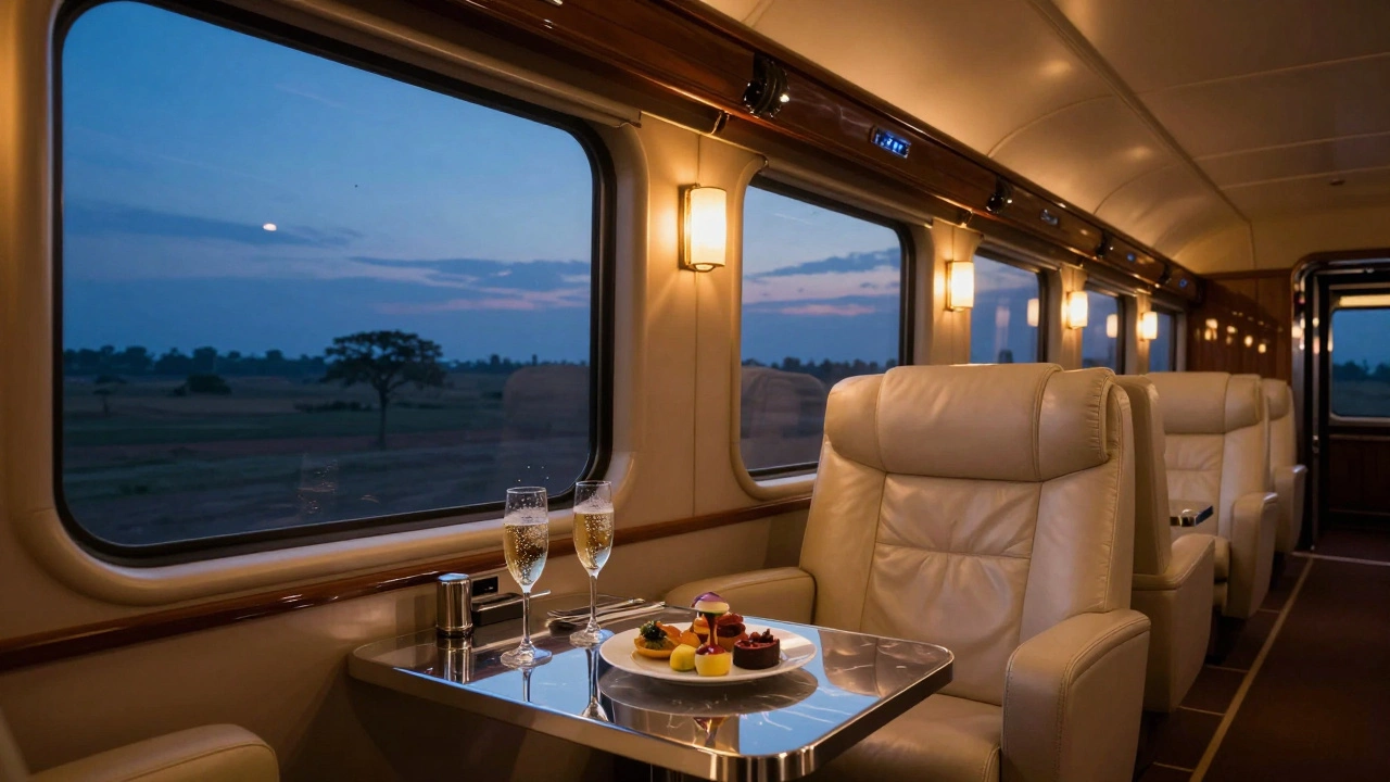 Luxury train observation car with champagne and panoramic views of the Indian landscape.