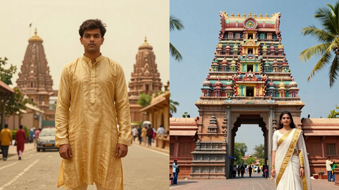 Side-by-side comparison of North Indian curved spires and South Indian Gopuram temples.