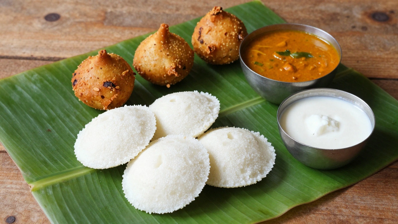 Traditional South Indian breakfast served on a green banana leaf