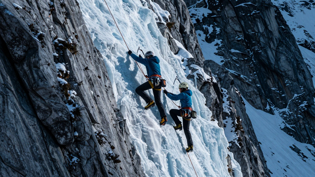 Alpine climbers using ropes and ice axes on steep rocky ice face