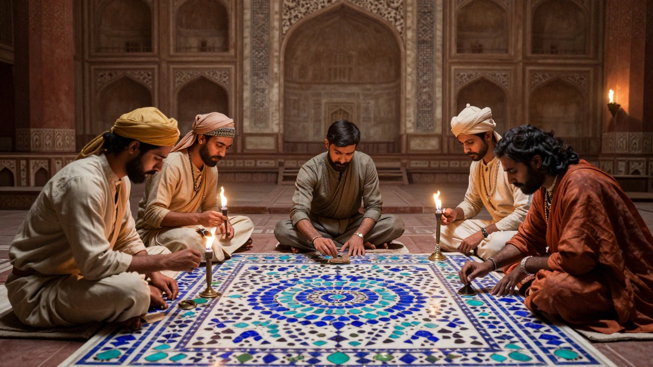 Artisans creating intricate stone inlay work on marble
