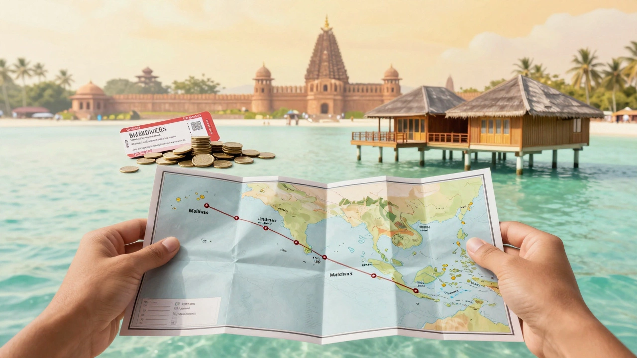 Conceptual art comparing travel budgets for Maldives and India
