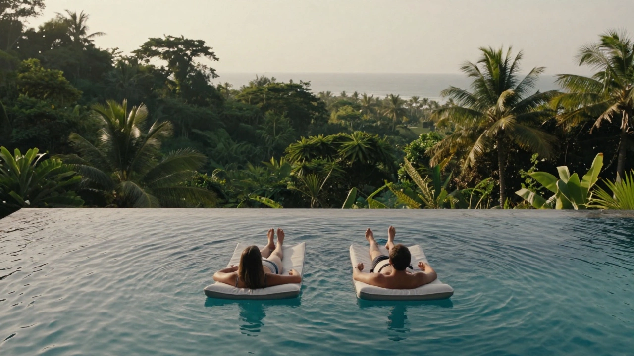 Couple relaxing in private infinity pool overlooking ocean