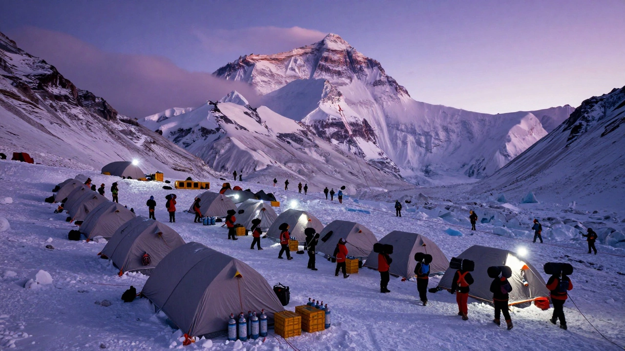 Expedition base camp with tents and porters at foot of huge peak