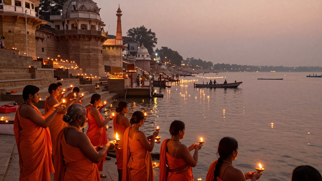 Ganga Aarti ceremony with floating lamps on the Ganges river