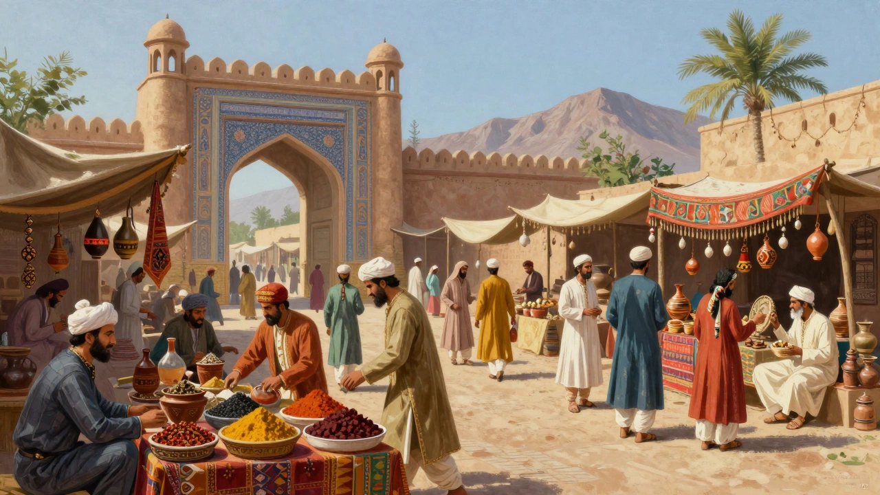 Medieval market scene with merchants trading along trade route