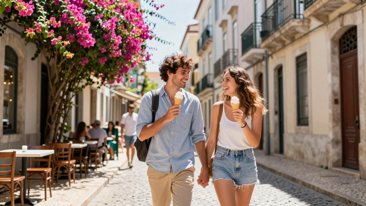 Newlyweds exploring colorful European street with gelato