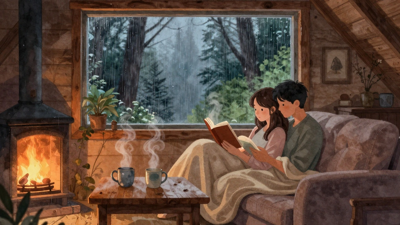 Newlyweds sharing a cozy moment in a cabin, representing privacy and intimacy.