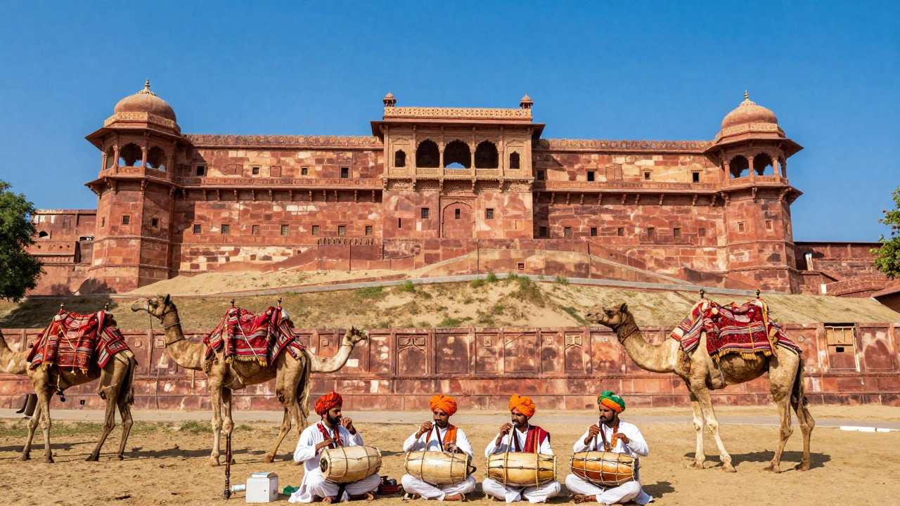 Rajasthan folk musicians and camels near a red sandstone fort
