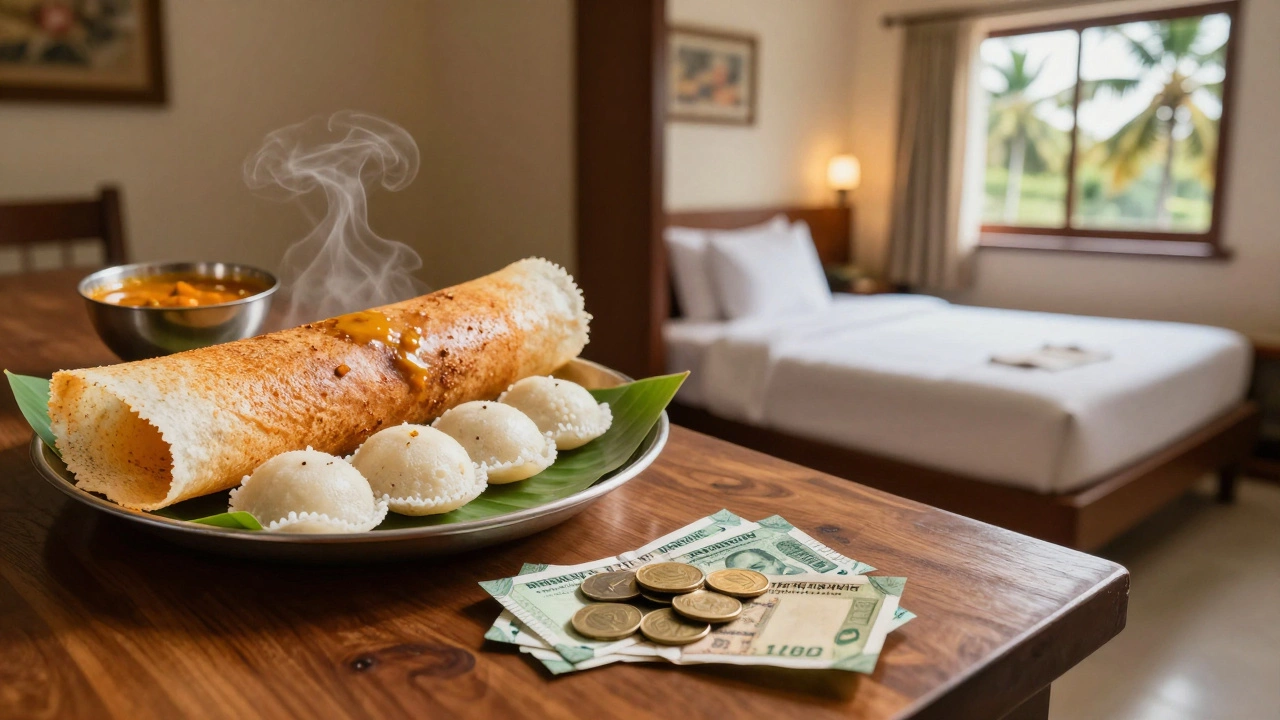 Split view showing affordable local food and a comfortable hotel room in South India