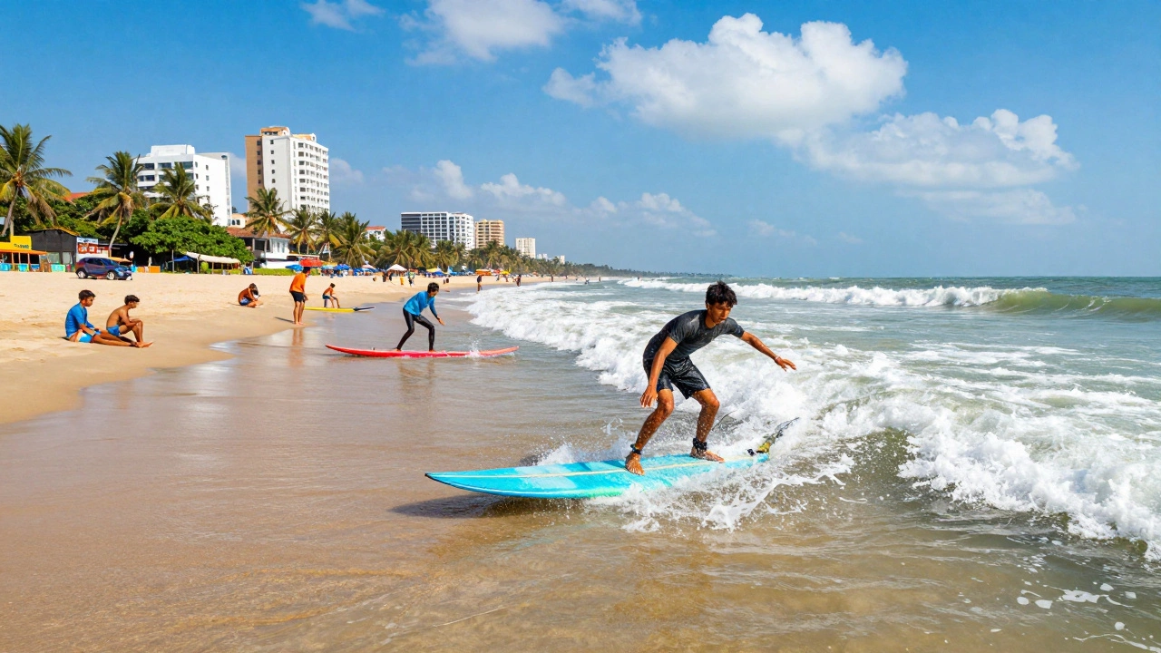 Surfers enjoying waves at Rushikonda Beach, Vizag