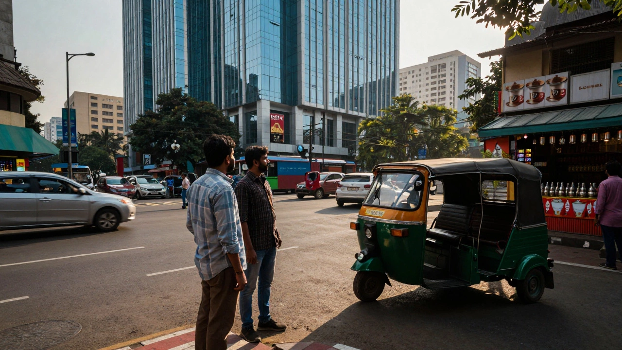 Traveler near an auto-rickshaw in a city blending modern skyscrapers and local shops