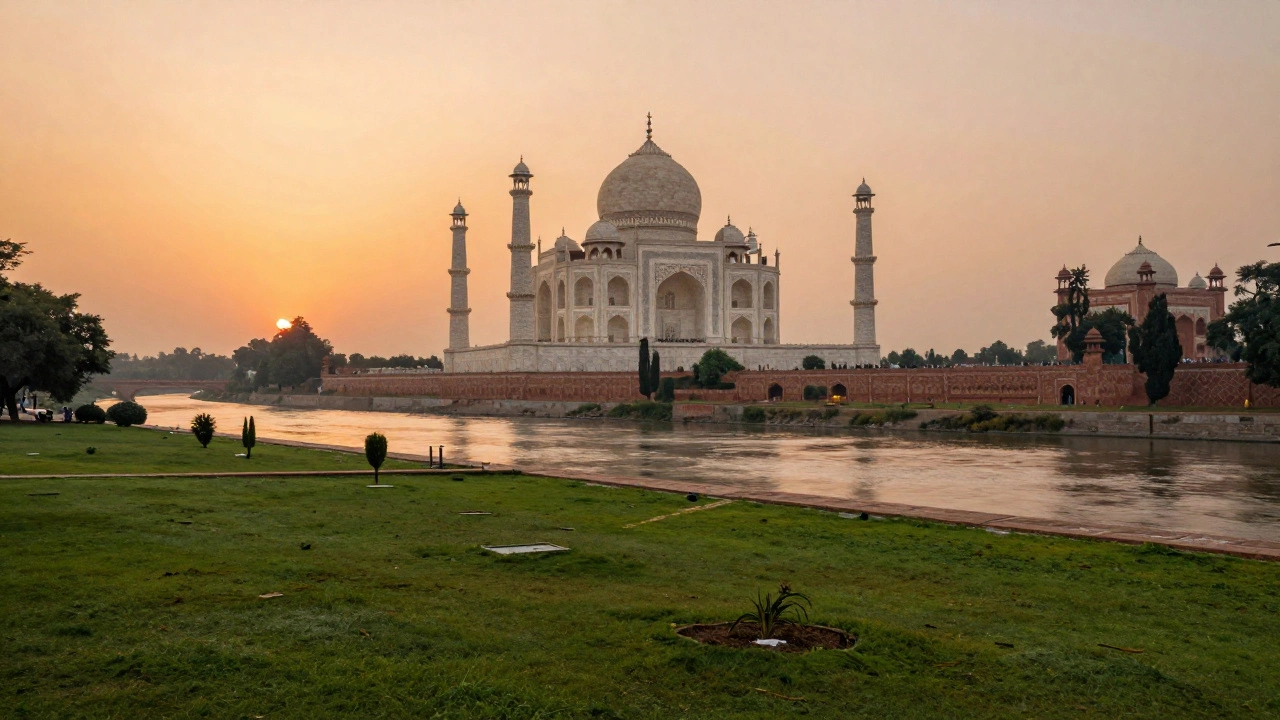 View of Taj Mahal from across the river at sunset