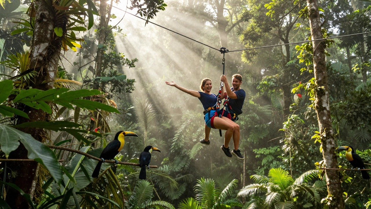 Adventurous couple zip-lining through lush green cloud forest in Costa Rica