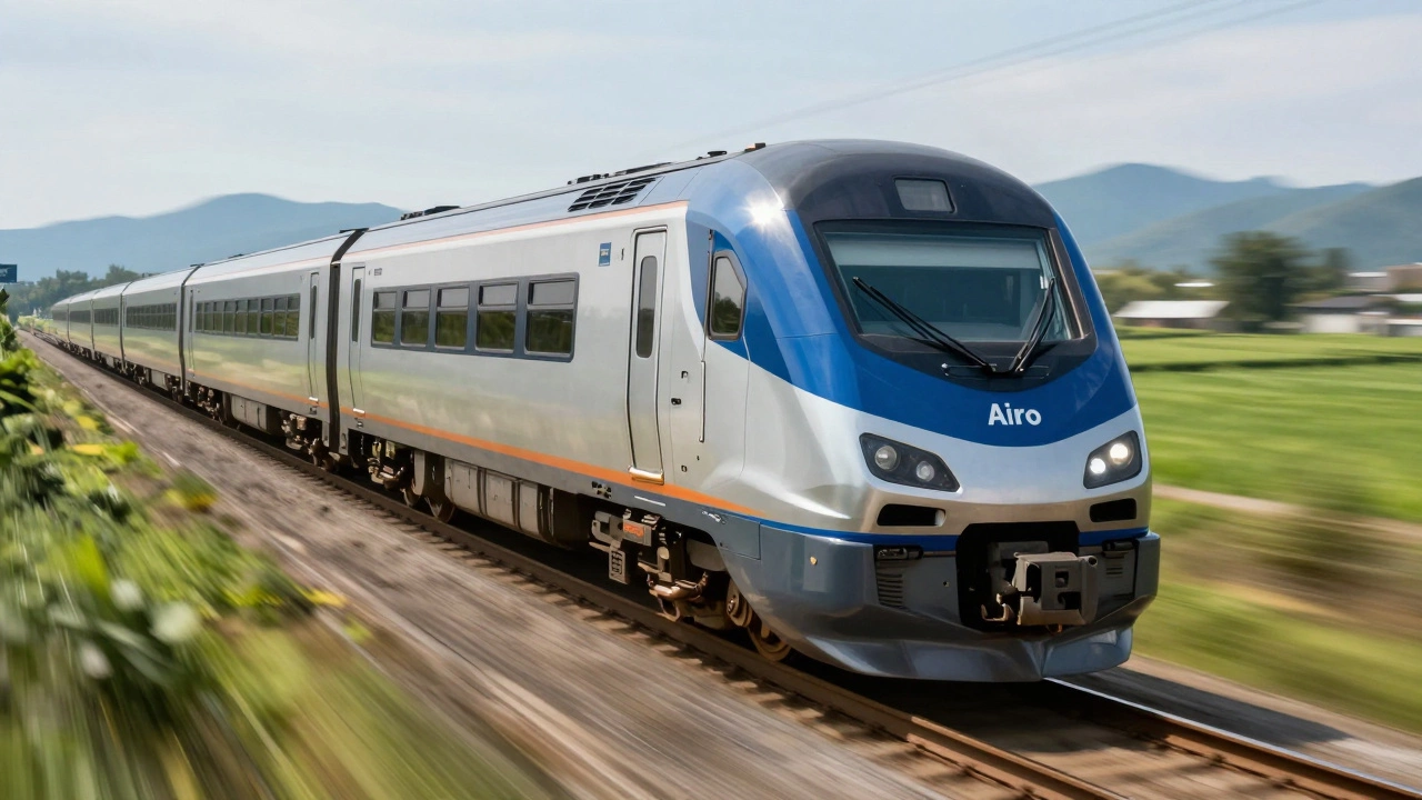 Amtrak Airo train speeding along rural tracks with a sleek, aerodynamic design under sunlight.