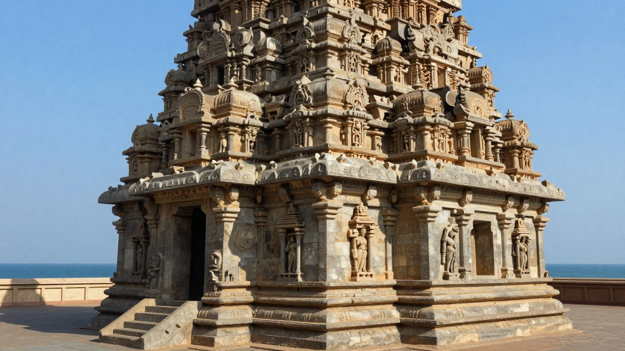 Ancient granite Shore Temple in Mahabalipuram overlooking the sea under bright sunlight