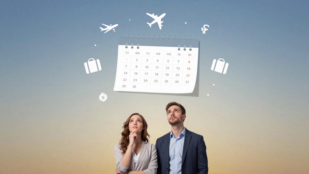 Couple contemplating travel plans with floating calendar and icons