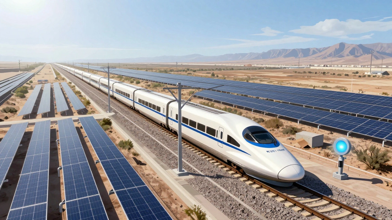 Futuristic high-speed trains traveling on dedicated electrified tracks through a sunny valley landscape.