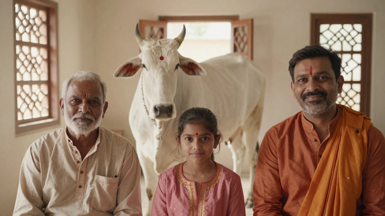 Hindu family revering a sacred cow in a traditional courtyard