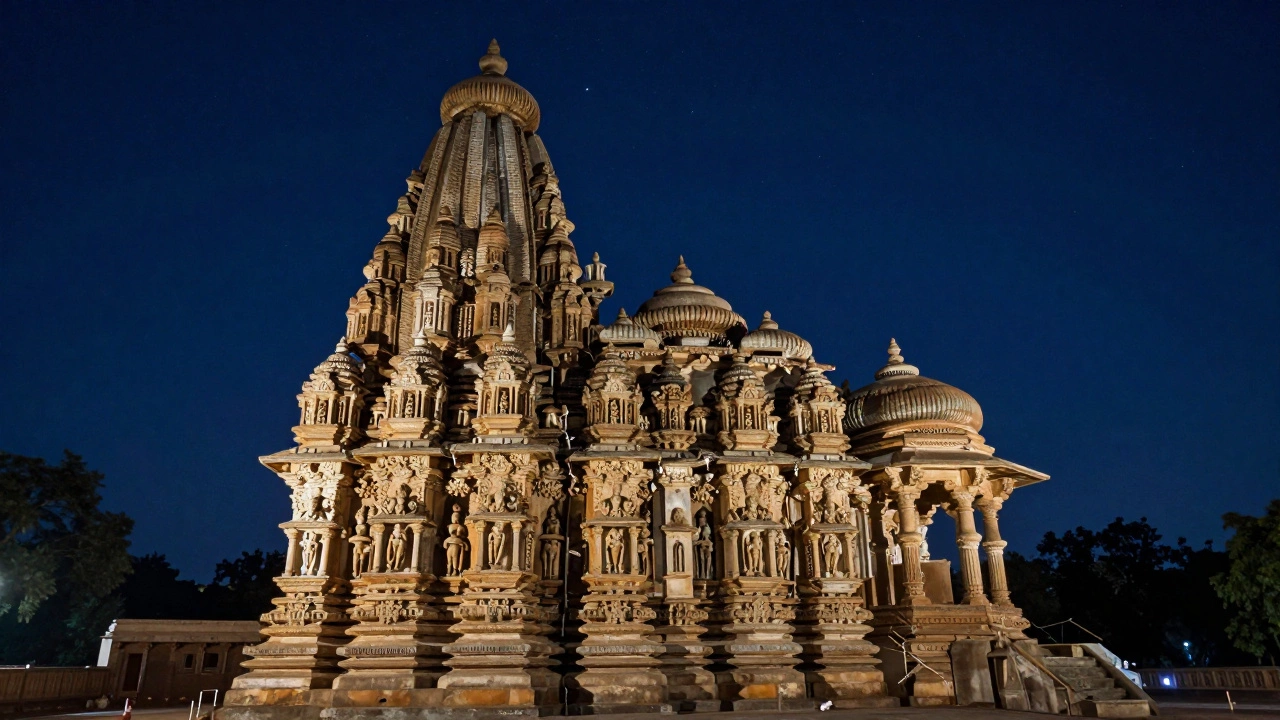 Illuminated Khajuraho temple spires at night highlighting intricate stone carvings