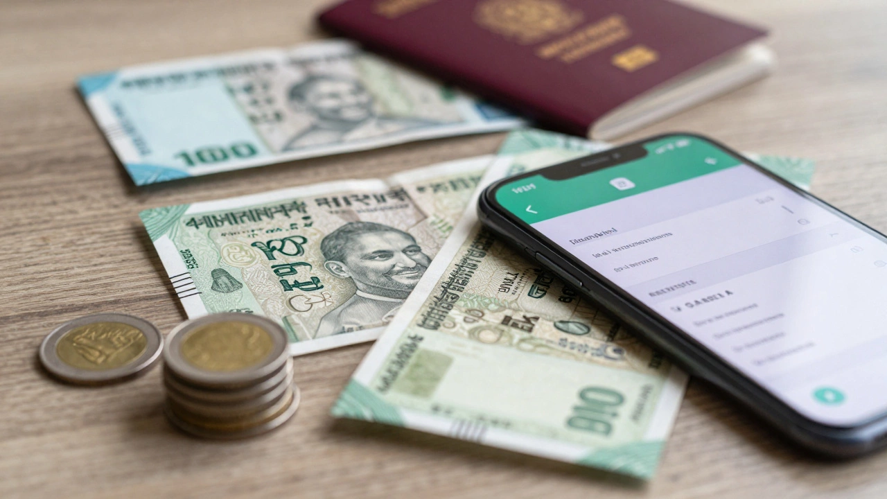 Indian Rupee notes, coins, and travel essentials on a wooden table