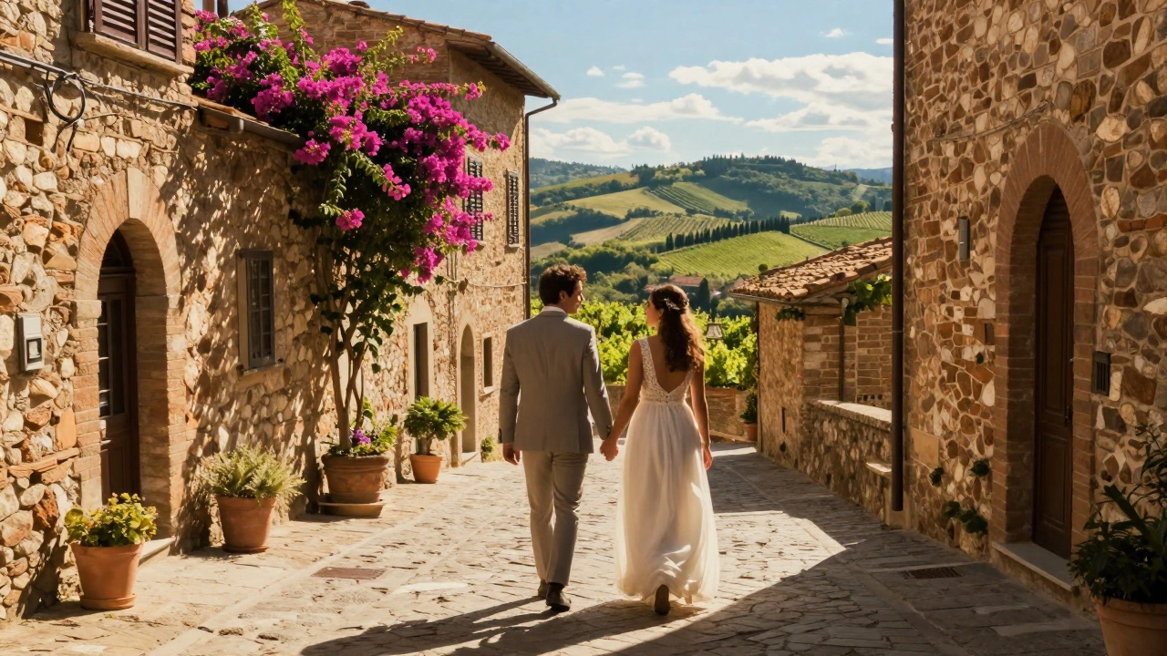 Newlyweds walking hand-in-hand through sunny Tuscan village streets in Italy