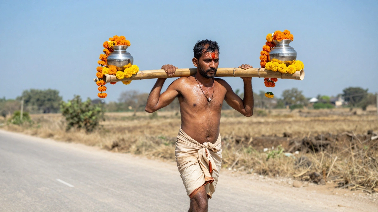 Pilgrim carrying heavy bamboo Kanwar pole on dusty road