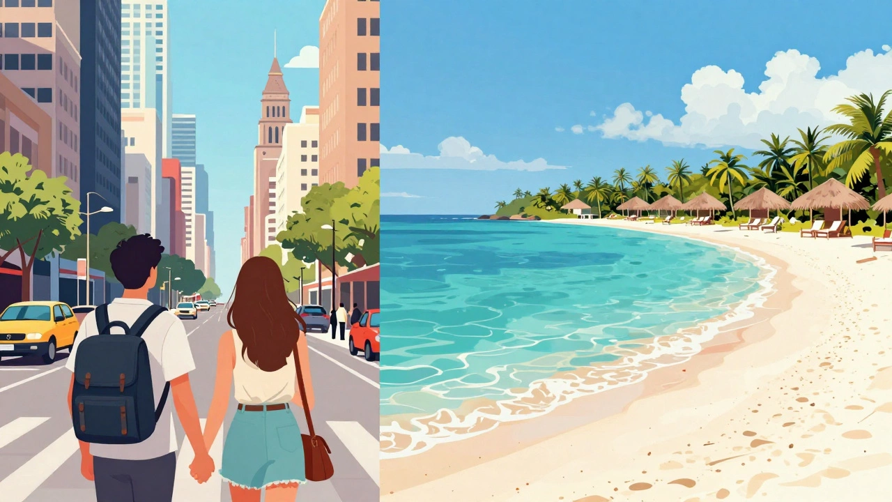 Split illustration comparing city break vs beach resort honeymoons