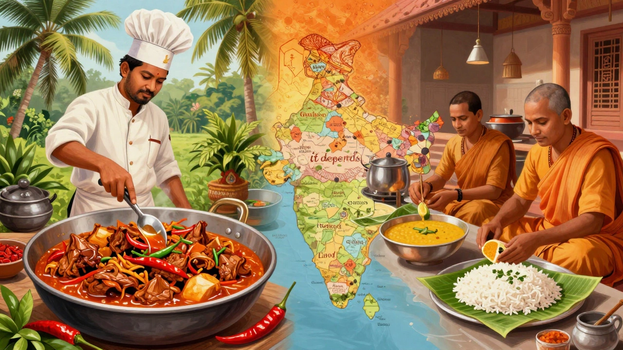 Split image showing pork cooking in South India and vegetarian food in West