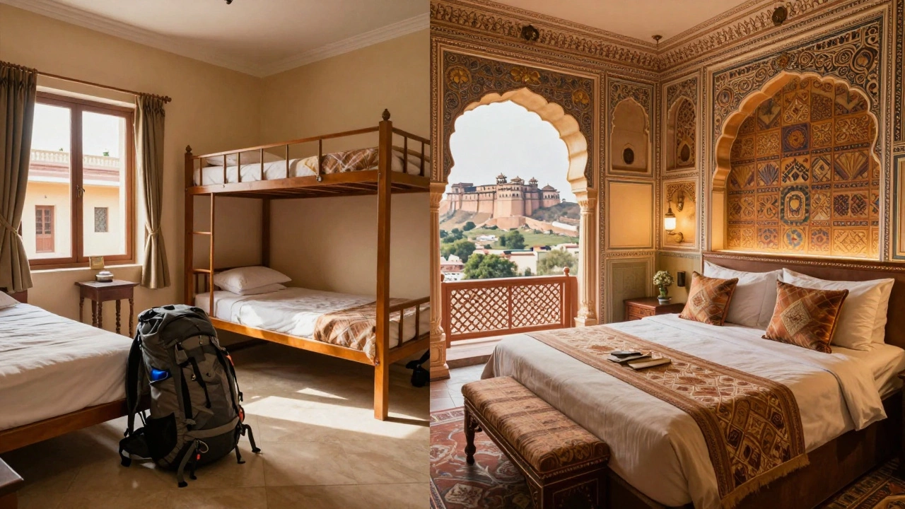 Split view comparing a budget hostel bed and a luxury palace hotel room
