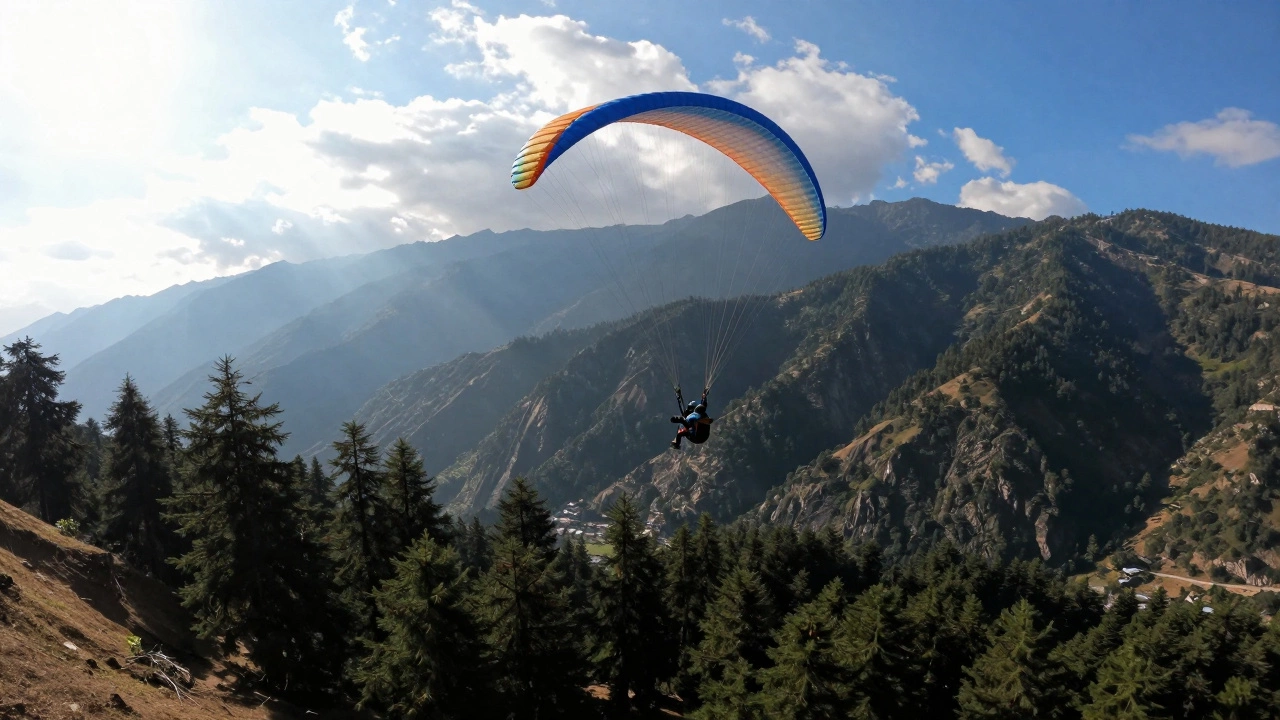 Tandem paraglider soaring over green mountains in Shimla region