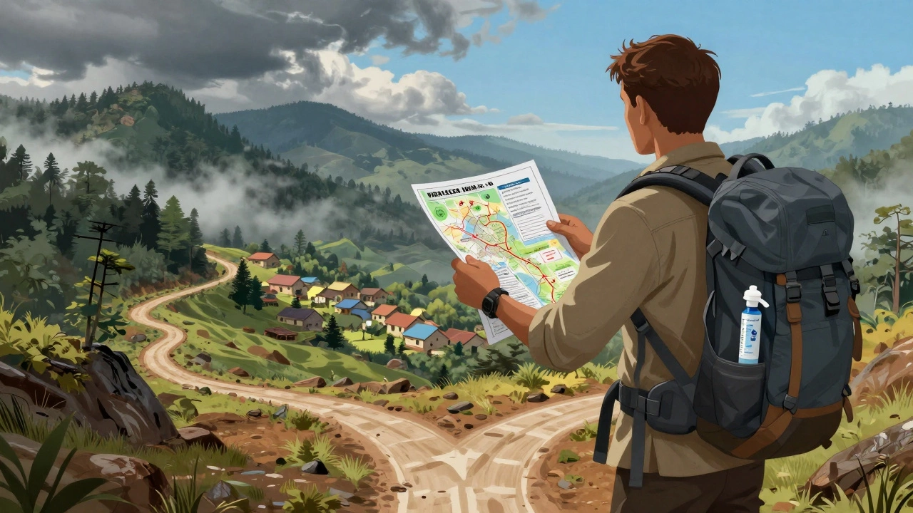 Traveler with map and permits at a mountain crossroads, symbolizing safe trip planning