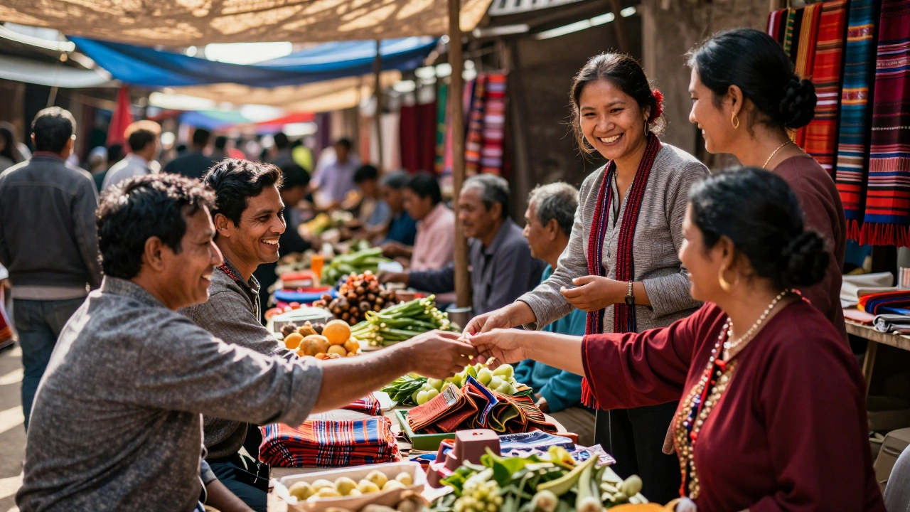 Vibrant local market scene showing diverse culture and friendly interactions in Shillong