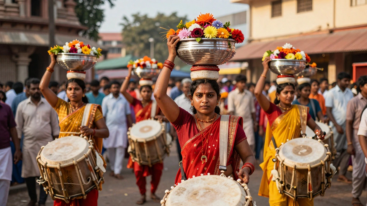 Women balancing offering baskets during Bonalu festival