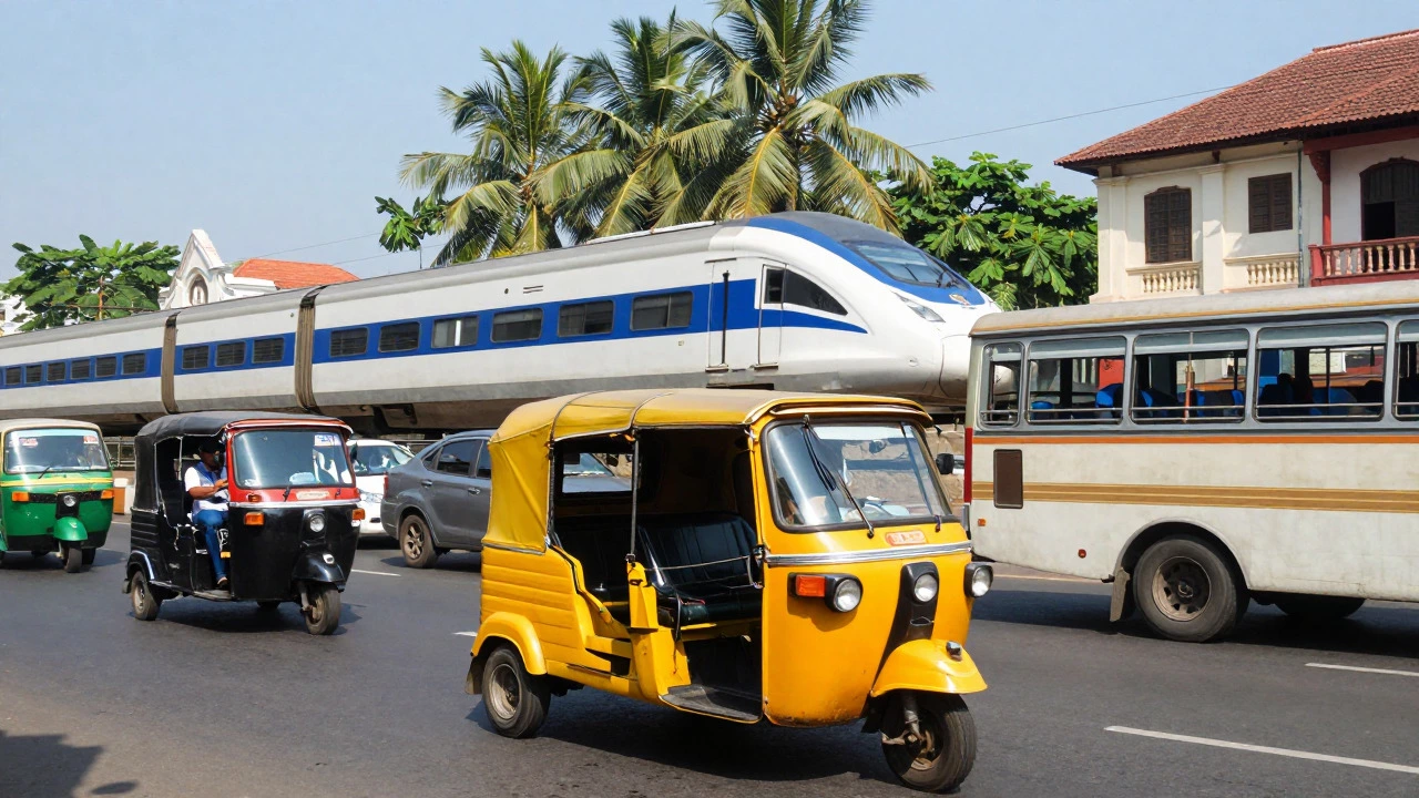 Auto-rickshaw and Vande Bharat train in South Indian traffic