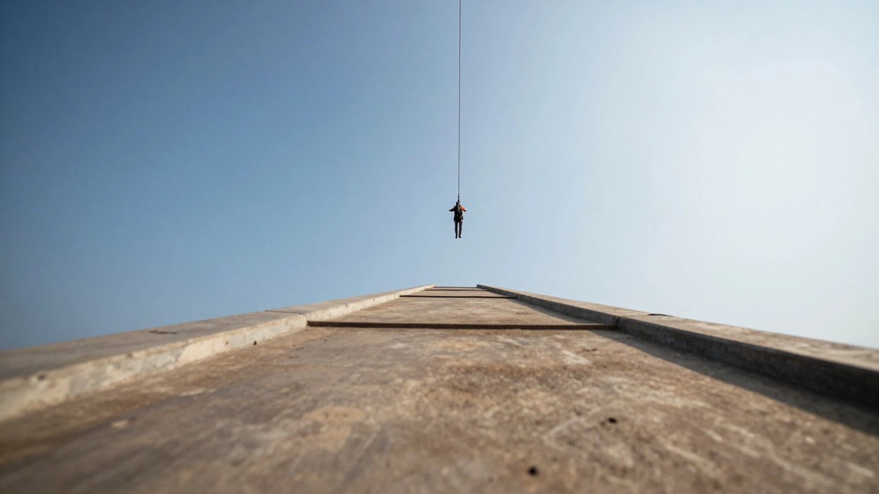Bungee jumper hanging high above the ground